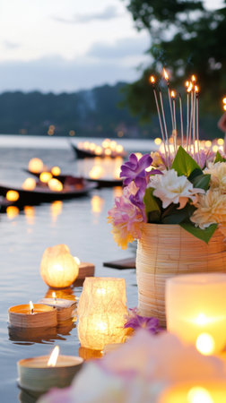Asian festival Yi Peng lanterns floating on water at night, background, AI Generatedの素材