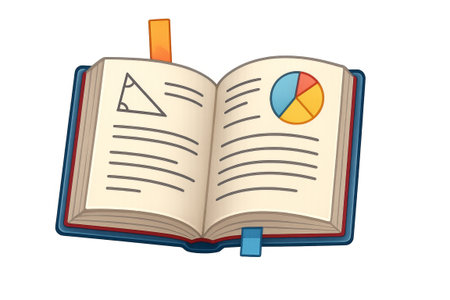 Open math textbook with geometry symbols and pie chart on separate pages, AI generatedの素材