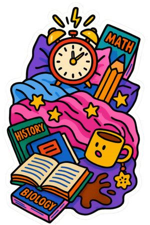 Back to school with colorful alarm clock and textbooks on transparent background, AI Generatedの素材