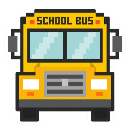 School bus pixel art style, isolated on transparent background, back to school, AI generatedの素材