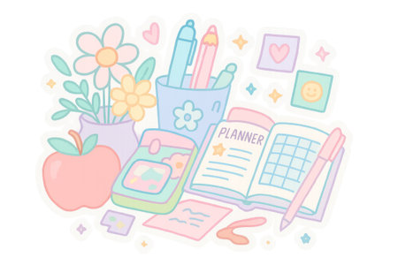 Back to school maximalist design with stationery, flowers, and apple, AI generatedの素材