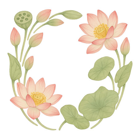 Lotus flowers and leaves in circular design for mid autumn festival, background, AI generatedの素材