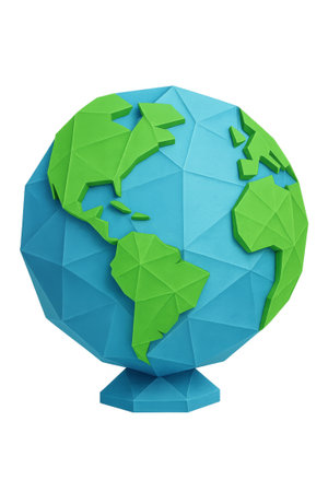 Polygonal globe featuring continents in green and ocean in blue, isolated with transparency, AI Generatedの素材