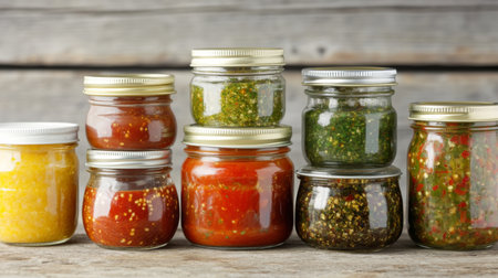 Glass jars with variety of colorful sauces in outdoor setting, AI generatedの素材