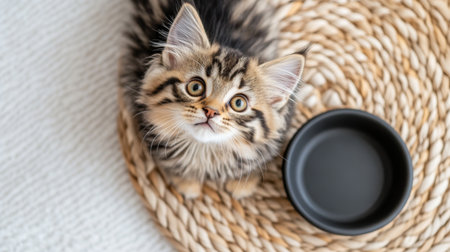 Cat looking at empty bowl on cozy bed, representing hunger concept, AI generatedの素材