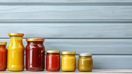 Glass jars filled with various spicy pepper sauces on wooden shelf, background, AI generatedの素材
