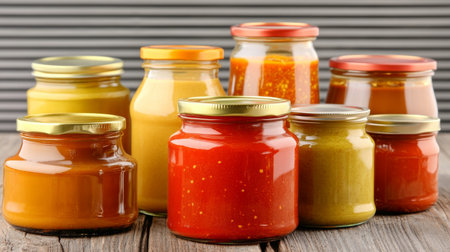 Glass jars filled with spicy pepper sauces on wooden table, background, AI generatedの素材