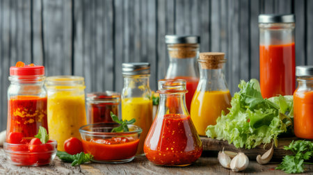 Variety glass jars filled with different spicy pepper sauces fermentation, background, AI generatedの素材