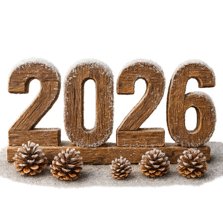 New year wooden numbers with pine cones on snow, isolated png transparent, AI Generatedの素材