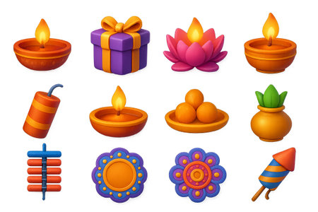 Diwali icons set featuring candles, fireworks, and gifts on transparent background, AI Generatedの素材