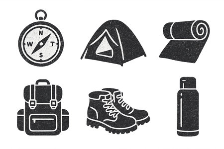 Camping gear icons set featuring compass, tent, boots, and more, isolated, AI generatedの素材
