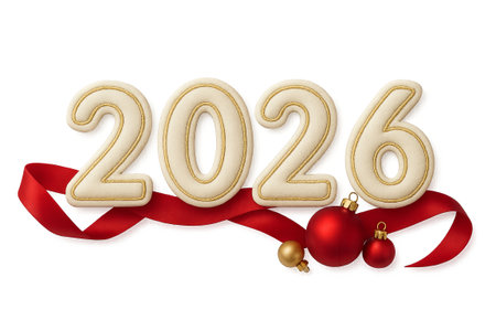 New year 2026 with red ribbon and ornaments on transparent background, AI Generatedの素材