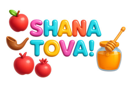 Rosh Hashanah text with apples, pomegranates, shofar, and honey jar, AI generatedの素材