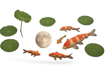 Koi fish swimming with full moon and lotus leaves for mid autumn festival, AI generatedの素材