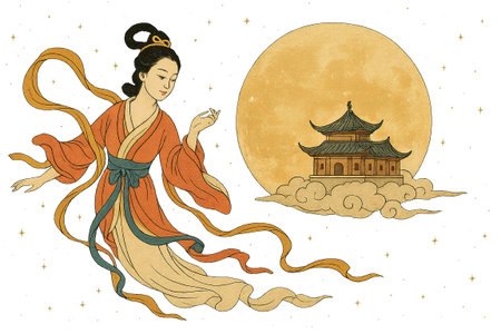 Mid autumn festival illustration featuring woman in traditional attire and moon, AI generatedの素材