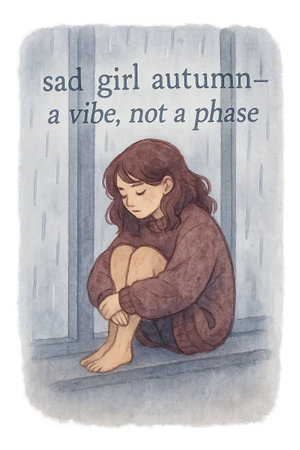 Sad girl sitting alone in autumn rain, conceptual illustration, background, AI generatedの素材