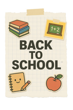 Back to school illustration with books and apple on lined background, AI generatedの素材