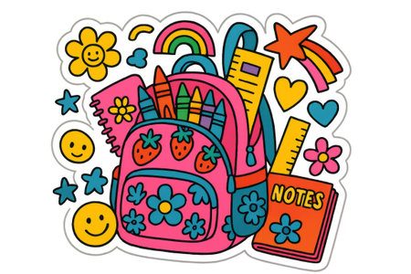 Back to school maximalist colorful backpack design with supplies and icons, AI Generatedの素材