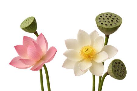 Lotus flowers and seed pods isolated on transparent background, mid autumn festival, AI generatedの素材