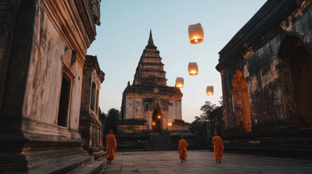 Monks walk in temple with floating lanterns during Yi Peng festival, evening ambiance, AI generatedの素材