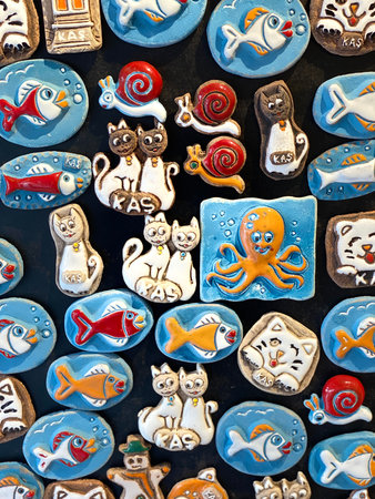 Colorful animal themed magnets displayed on a black surface background.の写真素材