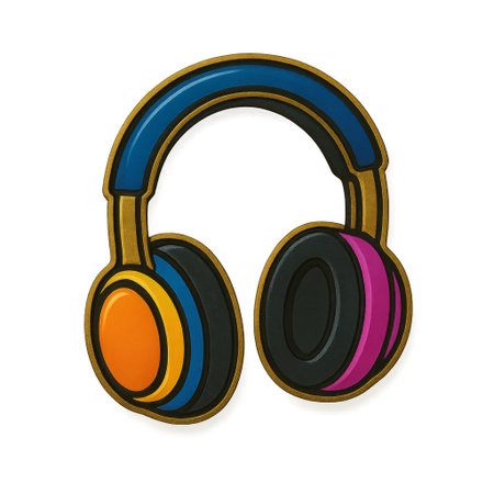 Enamel pin with colorful headphones isolated on transparent background, AI Generatedの素材