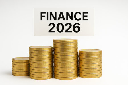 Stacked coins with finance 2026 text as a concept for future financial growth, AI generatedの素材