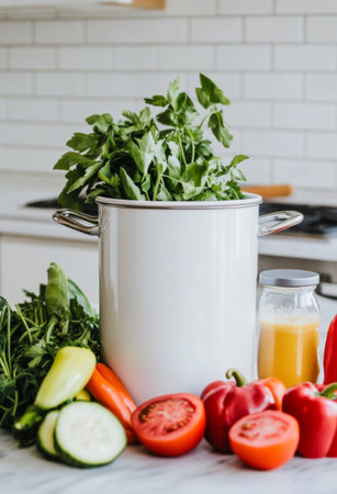 White pot with fresh herbs and vegetables in kitchen setting, AI generatedの素材