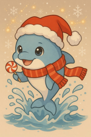 Cute anime dolphin wearing Christmas hat and scarf with candy, AI Generatedの素材