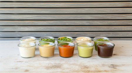 Variety of glass jars with assorted sauces on wooden table background, AI generatedの素材