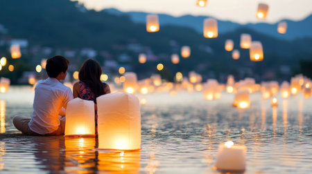 Yi Peng festival showing river lanterns and people at twilight, background, AI generatedの素材