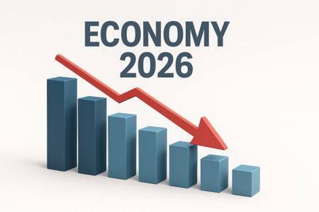 Economy downturn concept showing declining bar graph with red arrow, background, AI Generatedの素材