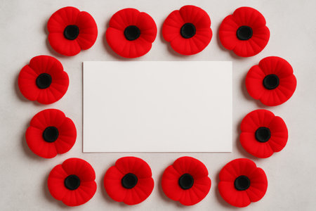 Armistice remembrance day poppy wreath with blank card in center, background, AI generatedの素材