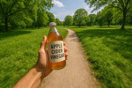 Hand holding apple cider vinegar bottle on park pathway, concept of health and nature, AI generatedの素材