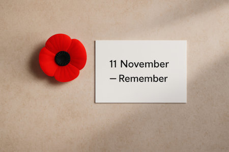 Armistice Remembrance Day poppy and card with text, background, AI generatedの素材