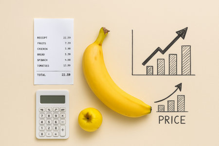 Concept of food price rise with chart, receipt, calculator, banana, flatlay, AI generatedの素材