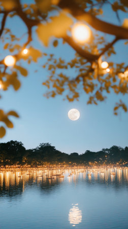 Asian festival Yi Peng lanterns floating on water at night, background, AI Generatedの素材