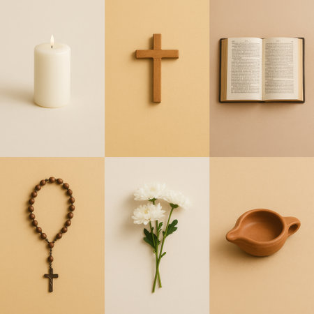 All saints day concept flatlay with candle, cross, book, rosary, flowers, cup, AI generatedの素材