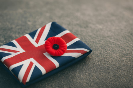 Armistice Remembrance Day with Union Jack and poppy, concept of tribute, background, AI Generatedの素材
