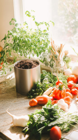 Indoor compost setup with fresh vegetables and herbs on kitchen counter, AI generatedの素材