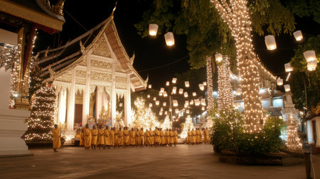 Monks walk in temple with floating lanterns during Yi Peng festival, evening ambiance, AI generatedの素材