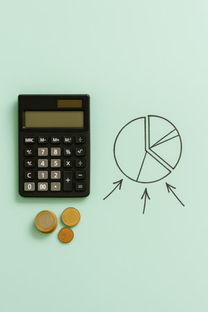 Flatlay financial expenses concept with calculator and coins on green background, AI generatedの素材