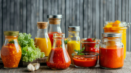 Variety glass jars filled with different spicy pepper sauces fermentation, background, AI generatedの素材