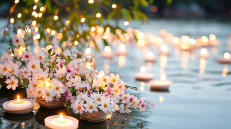 Asian festival Yi Peng lanterns floating on water at night, background, AI Generatedの素材