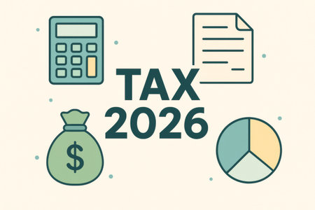 Tax 2026 concept with calculator, money bag, document, pie chart icons, AI generatedの素材