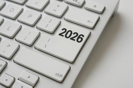 Keyboard key with year 2026 emphasizing future concept, AI generatedの素材