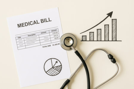 Flatlay of health bill and graph showing cost increase, medical expense concept, AI generatedの素材
