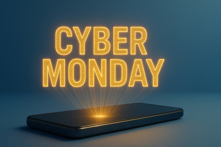 Cyber Monday concept with glowing text above smartphone, digital marketing background, AI generatedの素材