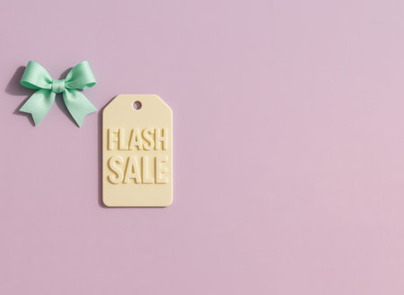 Flash sale tag and mint bow on pastel purple background, AI generatedの素材