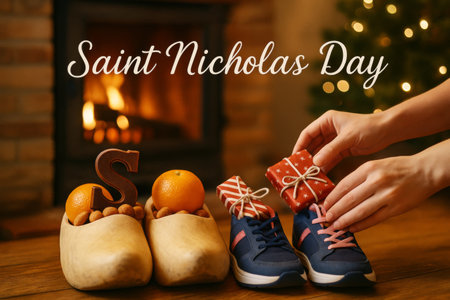 Saint nicholas day shoes filled with gifts by cozy fireplace, holiday traditions, AI generatedの素材